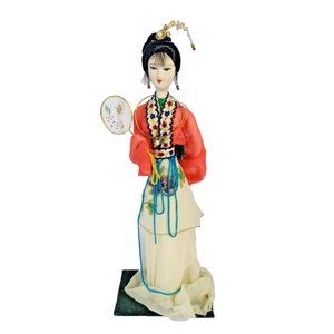 VTG Asian Doll Geisha Hand Painted Floral Dress Kimono Fan Japanese ArtMart